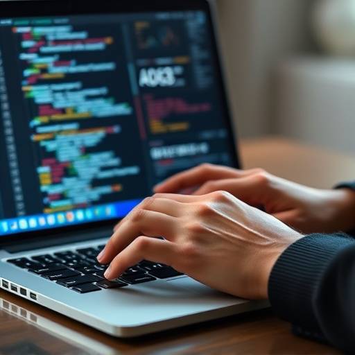 Hands coding on a laptop screen showcasing web development code.